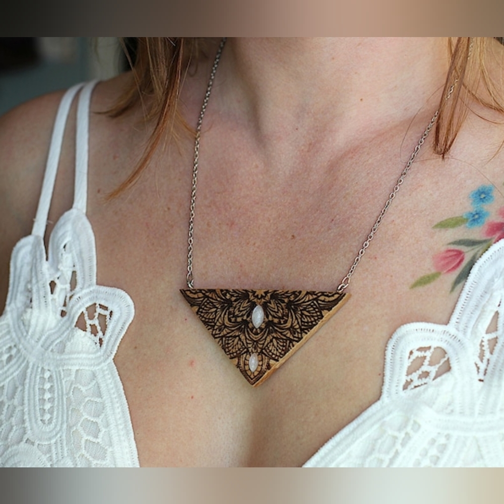Moonstone and Wood Mandala Necklace